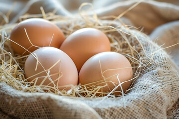 Fresh farm eggs in straw nest rustic natural ligh