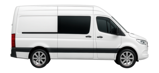 Wide-body cargo van with tinted rear windows and large alloy wheels