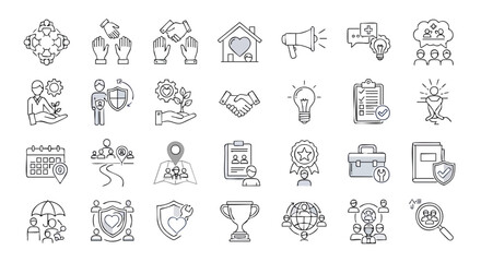 Collection of linear icons depicting business, finance, and insurance concepts, ideal for websites, presentations, and marketing materials, offering a modern and minimalist design.