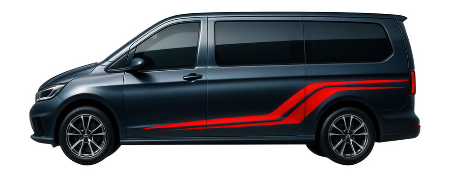 Performance van with sleek, elongated windows and sporty decals