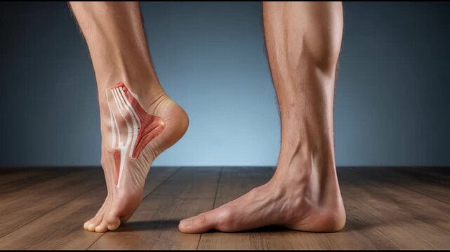 Detailed anatomical representation of the human foot and ankle muscles and tendons engaging during a heel raise exercise on a wooden floor