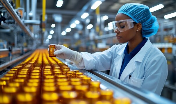 Black lab pharmacist scientist with sanitary gloves examining medical vials on a production line conveyor belt in a pharmaceutical factory. African American female checking medicine, Generative AI - Powered by Adobe
