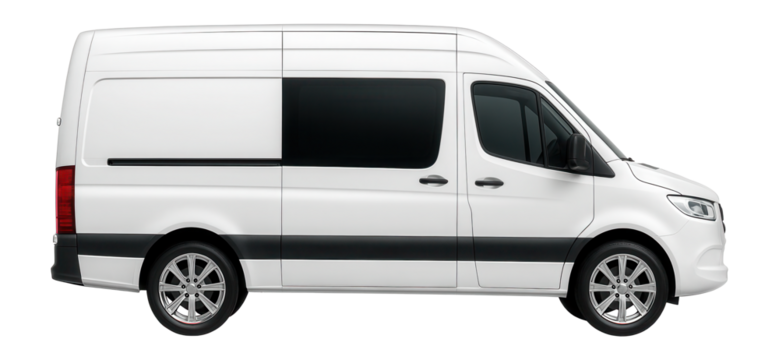 Wide-body cargo van with tinted rear windows and large alloy wheels