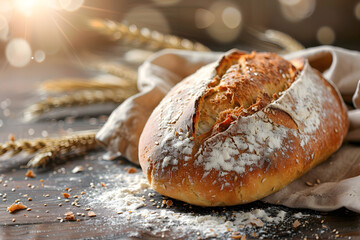 Freshly baked sourdough bread loaf on rustic wood
