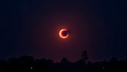 Obraz premium A breathtaking view of a lunar eclipse from Earth, with Earth’s shadow darkening the moon and casting a red glow. Stars fill the deep purple-blue sky, with silhouettes of trees on the horizon.