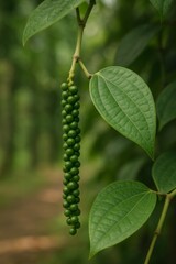 Close up of unripe green peppercorns hanging from a tropical vine in a lush plantation