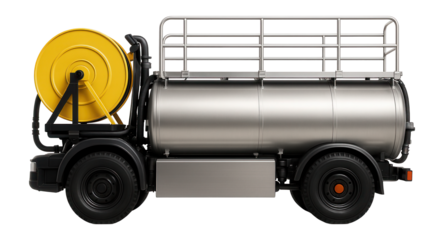 Sludge removal vehicle with a large rear-mounted hose reel and safety railing