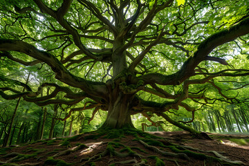 Giant ancient oak tree with twisted branches cove