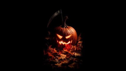 Spooky Halloween pumpkin with glowing eyes and a decorative scythe positioned on dark background - Powered by Adobe
