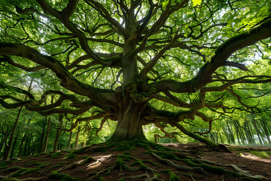 Giant ancient oak tree with twisted branches cove