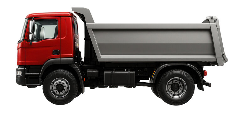Red tipper truck with a cab-over-engine design and a tilting rear cargo bed