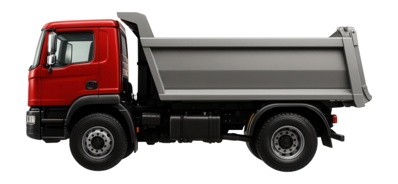 Red tipper truck with a cab-over-engine design and a tilting rear cargo bed