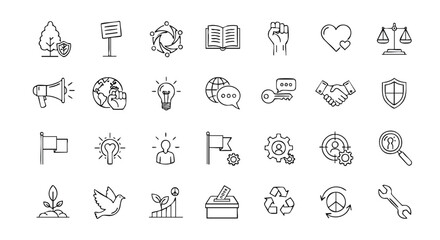 A comprehensive collection of hand-drawn line icons illustrating diverse concepts related to social responsibility, sustainability, and global issues.