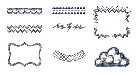 Hand-drawn graphic design elements, including borders, frames, and speech bubbles, in a vintage style.