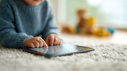 Curious baby in a soft blue sweater lying on a cozy carpet, engrossed in exploring a tablet, with colorful toys softly blurred in the background
