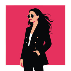 Woman in black suit and sunglasses with black hair blowing against pink background female fashion