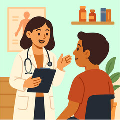 Doctor Consulting Patient &ndash; Flat Illustration in Clinic Setting. Flat vector illustration of a doctor consulting with a patient in a medical clinic. The scene shows a female doctor holding a clipboard