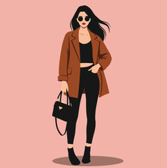 Woman in brown coat and black outfit with sunglasses and handbag female fashion