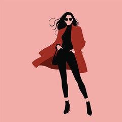 Woman in red coat black outfit and sunglasses with flowing hair fashion style