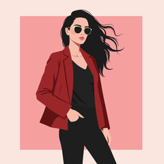 Woman in red blazer and sunglasses with black hair blowing in the wind female fashion