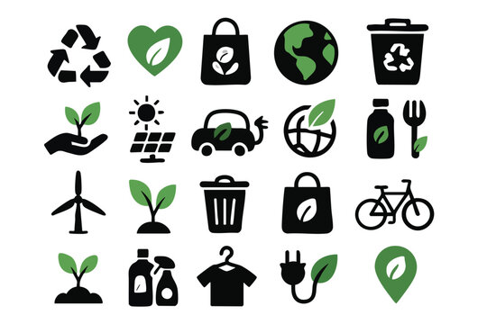 Collection of 24 eco-friendly icons representing sustainability, recycling, renewable energy, and eco-conscious lifestyle choices for your next green project or campaign.