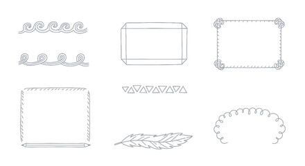 Collection of hand-drawn decorative borders and frames, including wavy lines, geometric shapes, and a feather.