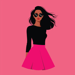 Woman with black hair wearing sunglasses and a pink skirt on a pink background female fashion