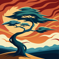 vector illustration of a sunset with a tree