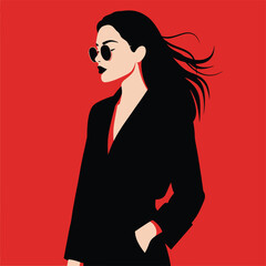 Woman with black hair wearing sunglasses and black jacket on red background female fashion