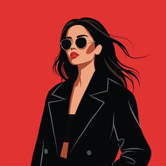 Woman with dark hair wearing sunglasses and a black coat against a red background female fashion