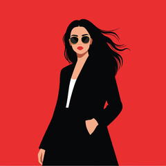 Woman with flowing black hair wearing sunglasses and a black coat against a red background fashion style