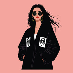 Woman with long black hair wearing sunglasses and a black jacket with graphic prints female fashion