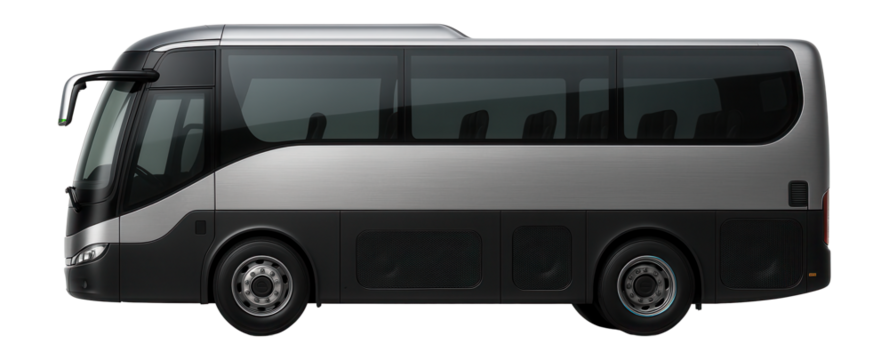 Tourist minibus with large panoramic windshield and onboard audio system