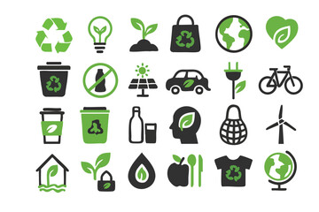 A comprehensive collection of black and green vector icons illustrating various aspects of environmental conservation, sustainability, and eco-friendly living concepts.