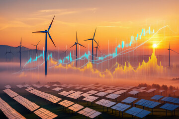 Wind turbines and solar panels under a sunset sky with overlaid financial graph analysis data