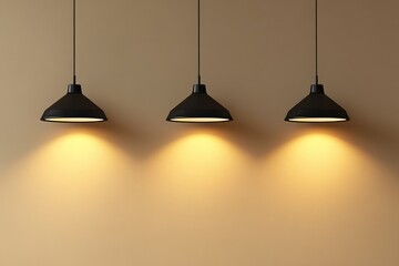 Three black metal lamps against a beige wall, capturing modern style and lighting in 3D rendering, Generative AI