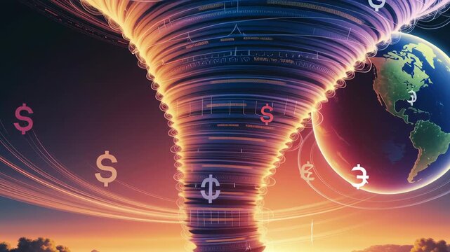 Swirling Vortex of Digital Currency Symbols and Data Streams Envelops Earth, Symbolizing Global Financial Dynamics and Economic Turbulence
