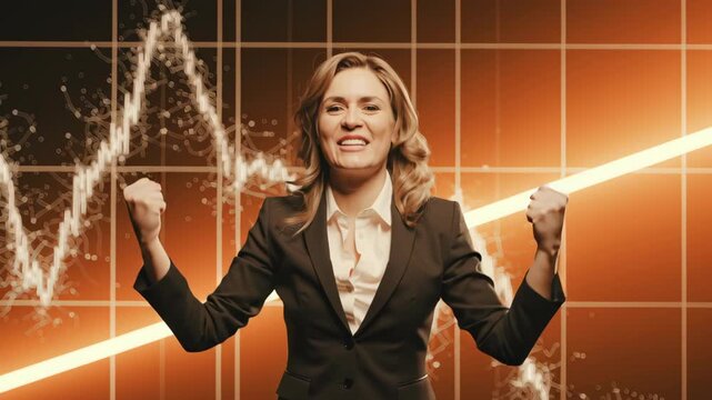 Businesswoman Celebrates Success and Financial Growth in Front of Rising Stock Market Graph, Highlighting Achievement and Opportunities