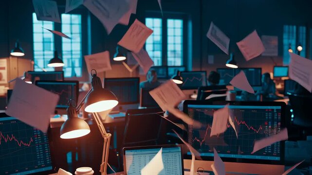 Chaotic Office Scene Papers Flying, Computer Screens Displaying Stock Market Data, Creating Busy Financial Atmosphere