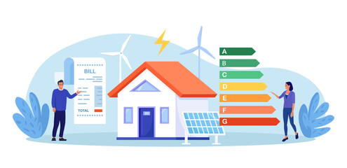 Energy efficient home with solar panels. Green environment. Energy consumption in household. Smart eco house certification system label with performance classes. Sustainability. Power save concept