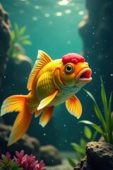 Golden goldfish, mouth agape, underwater plants, sunlit scene, fin, stock photo