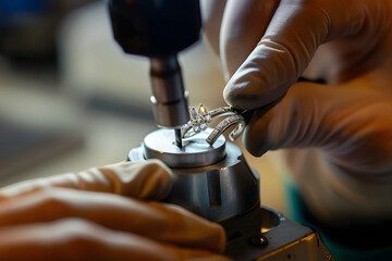 Jeweler polishing silver ring with rotating tool