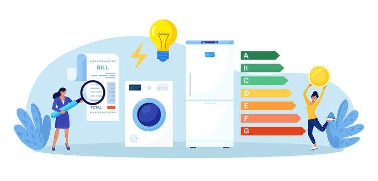 Characters using energy efficient devices, paying less and saving money. Save energy,  power with effective household electrical machines. Green environment. Smart eco house