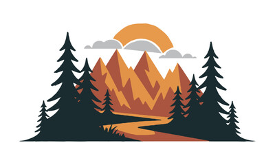 Obraz premium Modern vector illustration of a silhouette of mountains with a stylized, Mountains, tall pine trees, orange sun, winding path, easily editable