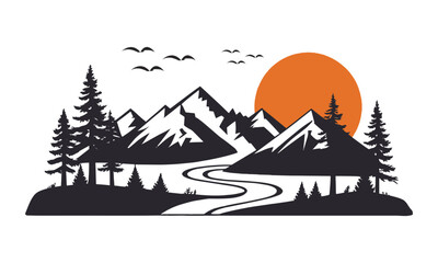 Modern vector illustration of a silhouette of mountains with a stylized, Mountains, tall pine trees, orange sun, winding path, easily editable