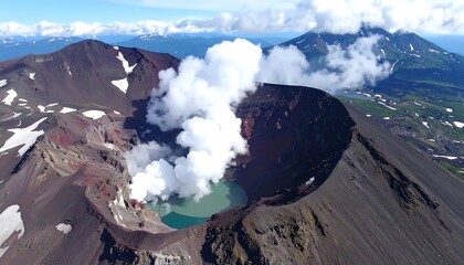 Aerial view of a volcanic crater lake