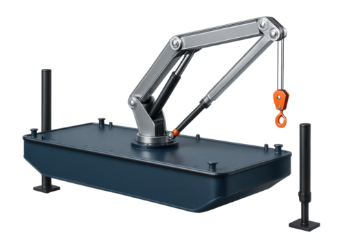 Steel-hulled barge with retractable crane and visible hydraulic supports