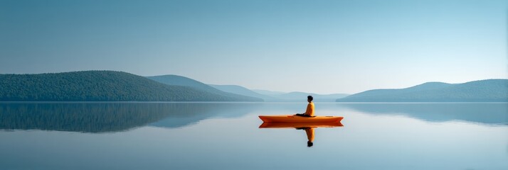Lone kayaker in a vibrant orange kayak glides across a calm lake, surrounded by distant hills under a clear blue sky, embodying peace and solitude in nature's embrace