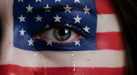 A patriotic face painted with the red, white, and blue American flag, symbolizing the United States