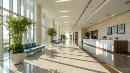 Modern hotel lobby hallway with bright natural light streaming through large windows and lush green plants